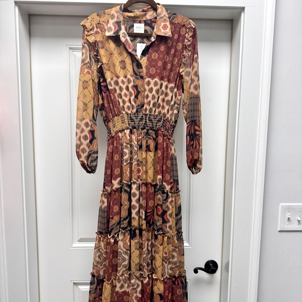 Misa Brown Tan Patchwork Long Sleeve Ahreana Dres… - image 4